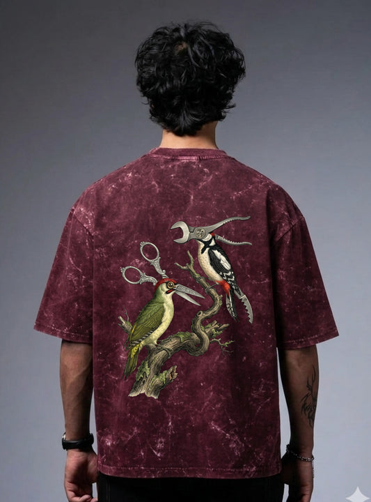 Mechanical Birds Acid wash Unisex Oversized T-Shirt