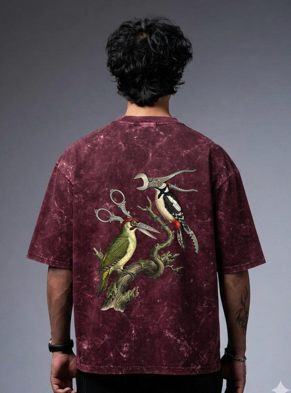 Mechanical Birds Acid wash Unisex Oversized T-Shirt